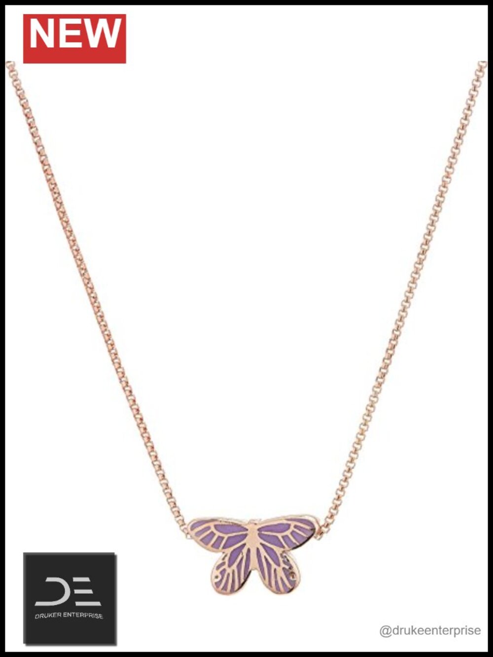 14kt Rose Gold Plated Butterfly Pendant Necklace Lilac Enamel 18 Inch